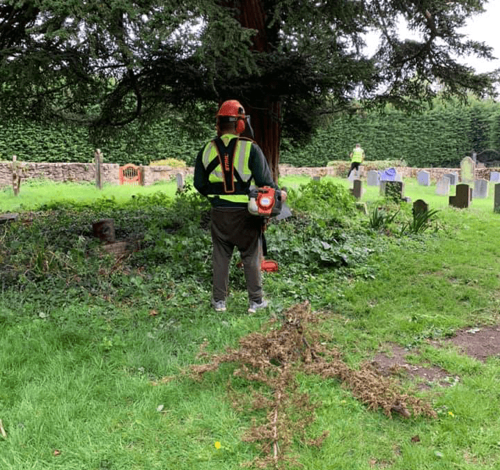 Overgrown churchyard clearance in Leybourne, Kent